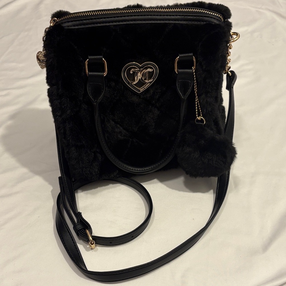 Black Juicy Couture ‘Lets Get Cozy’ Fuzzy Satchel Crossbody Bag - Picture 2 of 7